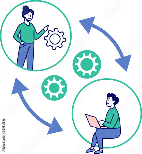 Illustration of teamwork and process visualization demonstrating collaboration and information exchange in a business setting