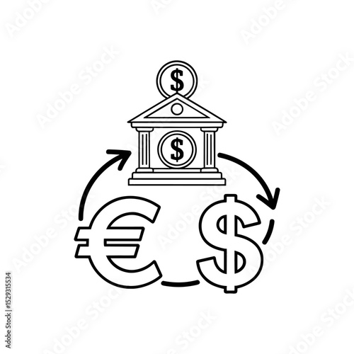 Currency Exchange Icon with Bank, Dollar and Euro Symbols – Financial Vector Illustration