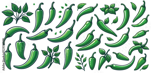 Vector set of hot green chilies