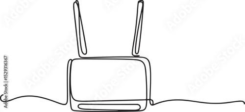 Continuous line drawing of a wireless router with antennas and cables in minimalist black and white single line art style

