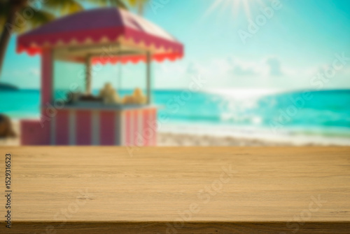 Empty wooden table with ice cream and sea view – summer vacation concept with product placement and copy space.