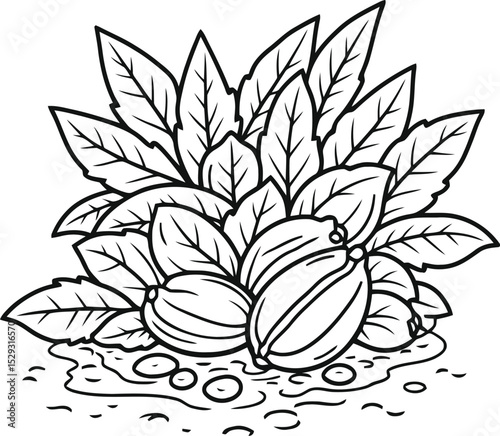 Coffee cup with coffee beans and leaves line art