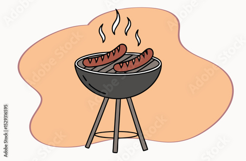 Charcoal Grill Vector with Sausages – Cartoon BBQ Cooking Illustration