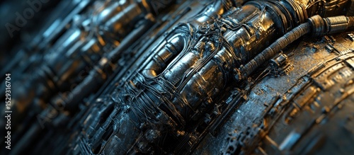 Close-up of intricate metallic machinery, complex industrial design, detailed texture.