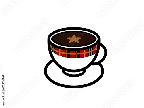 Aromatic Coffee Cup with Star Icon and Tartan Pattern