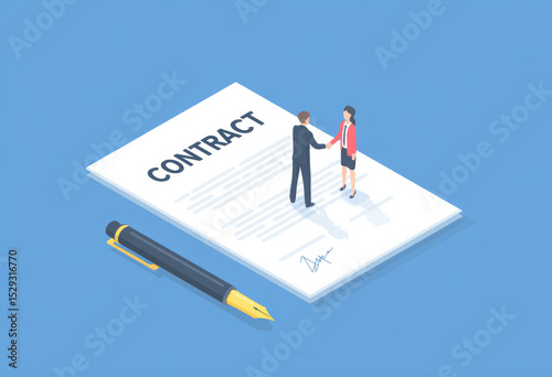 Against the backdrop of the contract illustration, two businessmen shake hands warmly, symbolizing competition and cooperation in business
