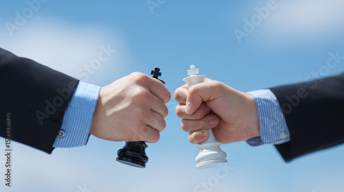 Two businessmen clenched their fists and touched each other, symbolizing business competition in a large market environment
