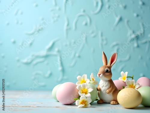 A decorative Easter scene featuring a bunny figurine surrounded
