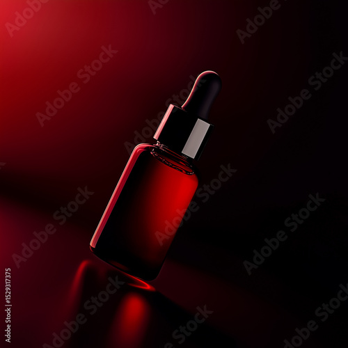 Elegant red serum bottle against a dark background, perfect for beauty or skincare product promotions.