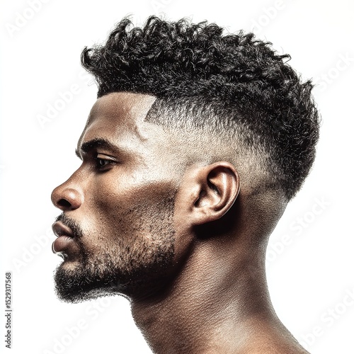 Afro man with fade haircut and curly hair style trend fashion for men grooming and personal care concept