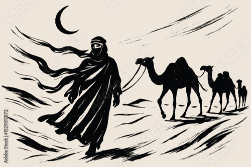 Bedouin and camel caravan, mystical desert brush vector illustration

