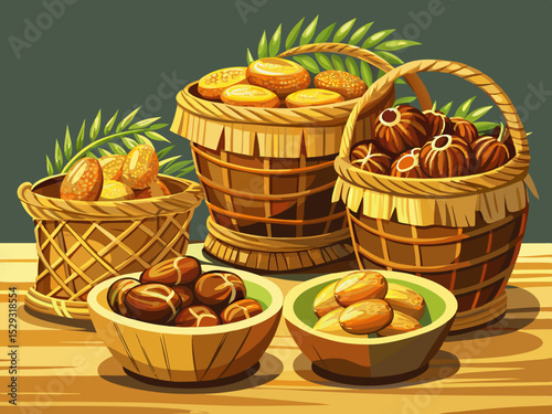 vector of Baskets woven with hemp thread and dates are placed inside the baskets on a rustic table...light background.