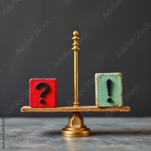 “?” and “!” blocks on opposite sides of scale, balance of doubt and certainty, anxiety and clarity, conceptual photo, side view