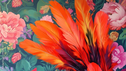 Vivid orange and red feathers against a floral backdrop.