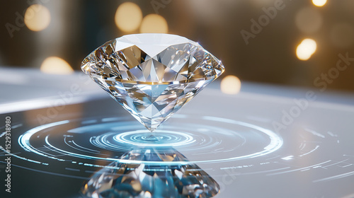 Stunning diamond sits elegantly on futuristic surface, reflecting light beautifully and creating mesmerizing display of brilliance and clarity