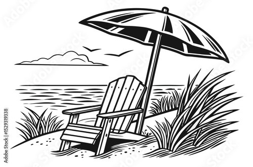 Vintage Beach Chair and Umbrella Illustration – Black and White Woodcut Style