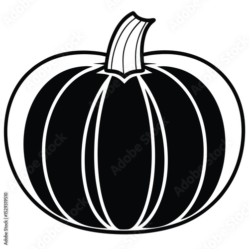 A bold line drawing shows a classic black and white pumpkin with stem