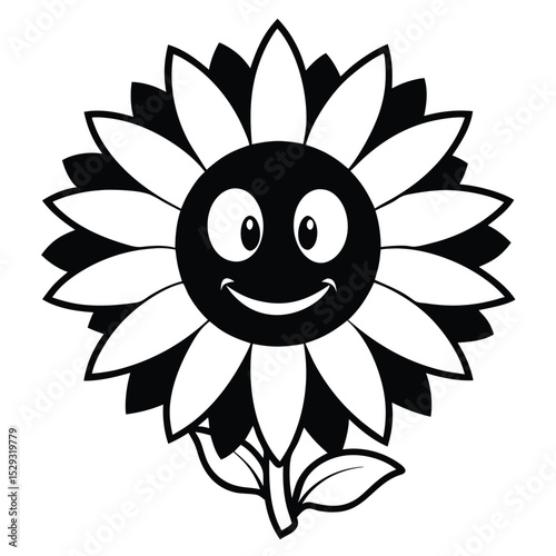 A cartoon sunflower with smiling face has contrasting black and white petals and leaves