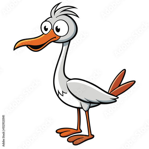 A cartoon stork with gray feathers and orange beak standing on a white background