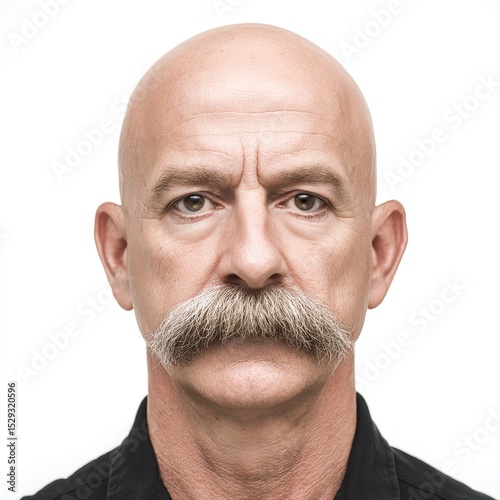 Close up portrait of a bald man with a handlebar mustache looking at the camera headshot style image