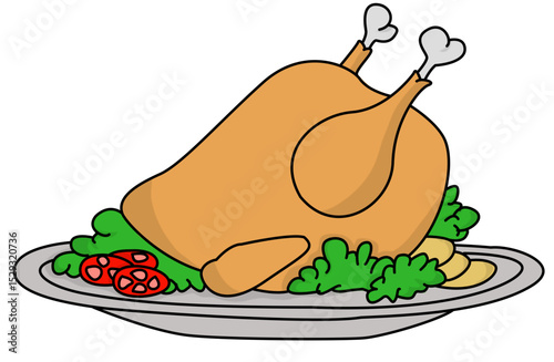 Delicious Roasted Whole Turkey Served With Fresh Green Lettuce and Sliced Red Tomatoes On A Serving Platter