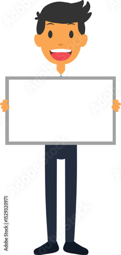 Cartoon man holding up blank whiteboard in his hands