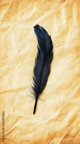A single black feather rests gracefully on textured parchment paper, its details highlighted