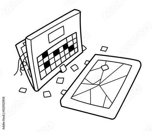 Broken electronic device near a calendar with scattered paper pieces