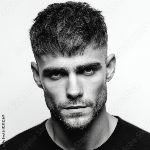 Man with textured crop haircut close up portrait in black and white style fashion and beauty photography