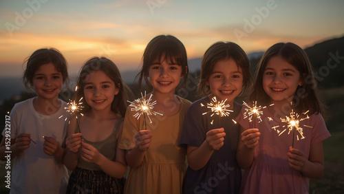 Children holding Bengal lights at sunset, soft warm lighting, joyful expressions