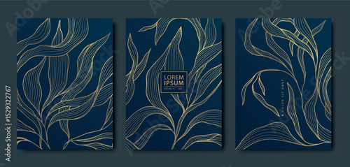 Vector set of gold floral leaf line backgrounds, elegant nature luxury grass, flower japanese posters. Art deco premium nature frames, package templates.