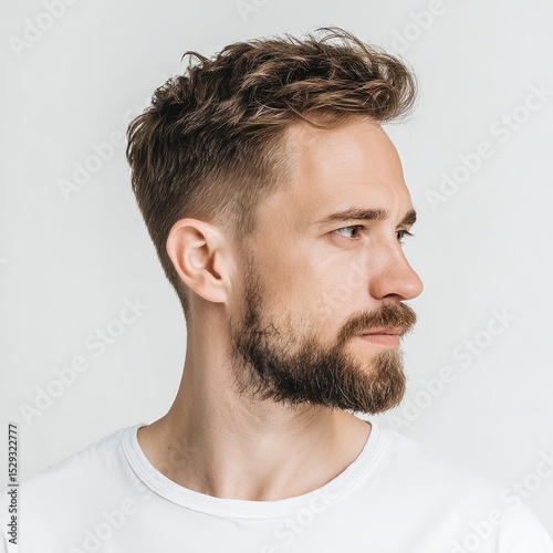 Man with beard and hairstyle side view portrait for mens fashion and hair style inspiration ideas
