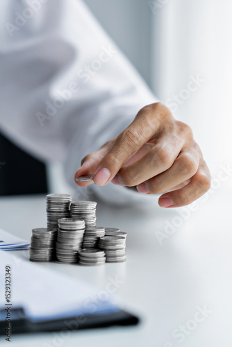 Business person holding and stacking coins on the table, future investment, retirement