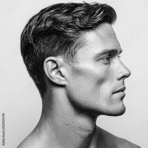 Man profile portrait with short wavy hair in black and white for male grooming and hairstyle reference