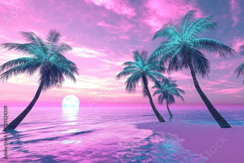 Vibrant Pink Sunset with Silhouetted Palm Trees Over Tropical Ocean View.