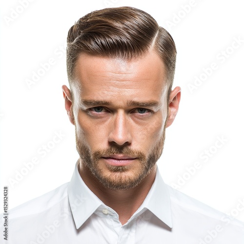 Portrait of handsome man with side part hairstyle and beard wearing white shirt on white background