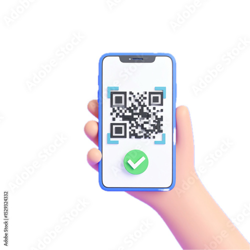 3D hand holding smartphone scanning QR code with confirmation check mark, mobile payment concept