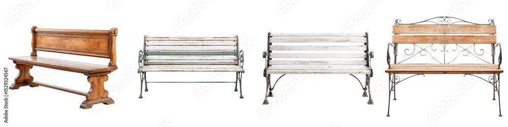 A collection of classic wooden and metal benches with intricate designs