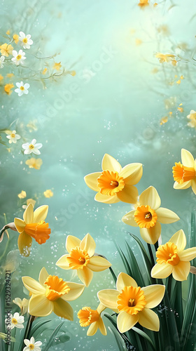 Light aqua backdrop features yellow daffodils and small white flowers in a lush, floral arrangement
