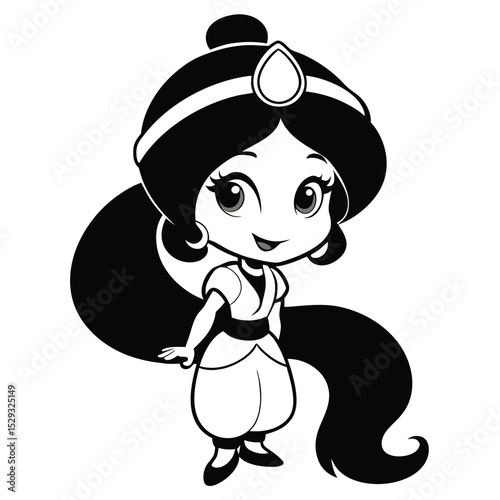 Animated middle eastern princess with dark hair and exotic clothes stands smiling softly
