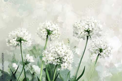 Painted white allium flowers bloom gracefully against a soft, subtly textured background creating a serene effect