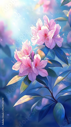 Pink azalea blooms glow with light, showcasing delicate petals against deep blue and green leaves