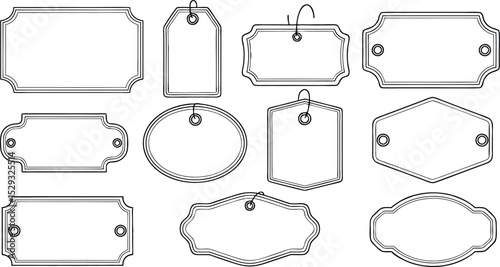 A collection of elegant outline labels and tags with diverse shapes and decorative borders for design projects