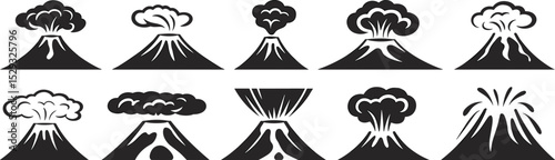 Collection of volcanic eruption and explosion icons, silhouette volcanic symbols with smoke and lava, mountain eruption symbols for natural disaster, eruption and volcano silhouette illustrations