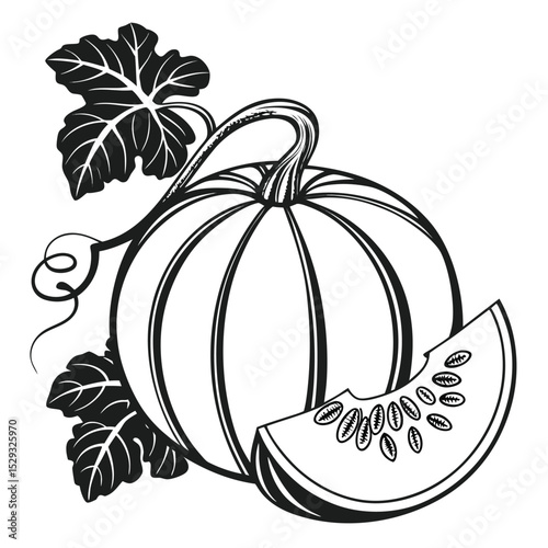 Black and white pumpkin segment showcases seeds beside leaves in a simple way