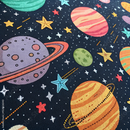 An imaginative and vibrant outer space illustration showcasing stylized planets and a sparkling, starry cosmic landscape.