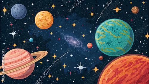 Dreamy artistic depiction of a colorful cosmic landscape, with whimsical planets and sparkling stars in the universe.