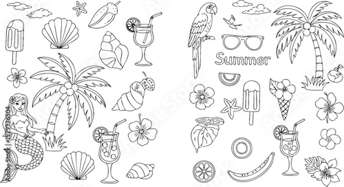 Black and white summer themed illustrations featuring a mermaid a parrot and tropical elements like palm trees.