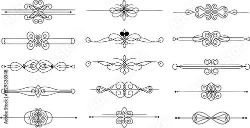 Collection of decorative dividers and flourishes in elegant black line art for design and decoration