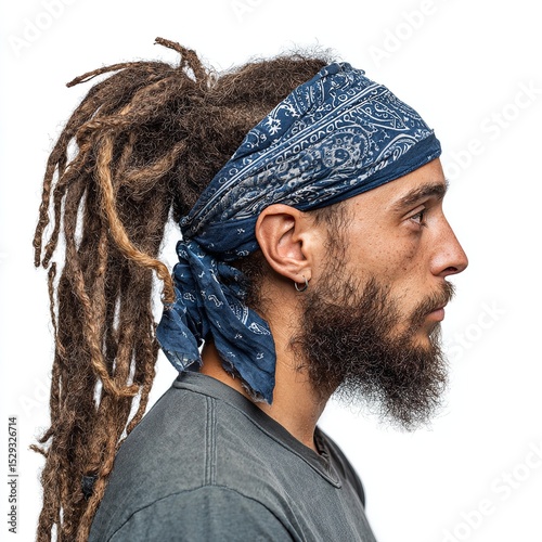 Man with dreadlocks and bandana profile portrait for hair style and fashion stock photography images